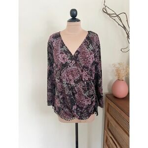 Vintage Dressbarn Y2K 90s Beaded Fringe Paisley Wrap Blouse
